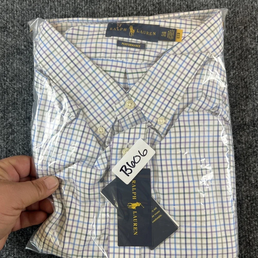 NWT Polo Ralph Lauren WHT/BLU/PURP CHK PERFORMANCE OXFORD Stretch Shirt 4XB Pony